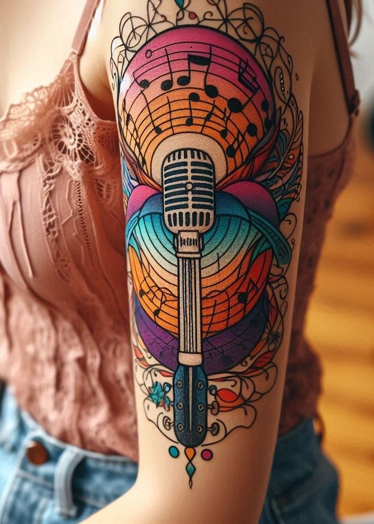 Music Tattoos: 75 Must-See Inspirations | Pocoko Make a statement with vintage microphone tattoos. Bold, iconic, and perfect for those who love a touch of nostalgia!