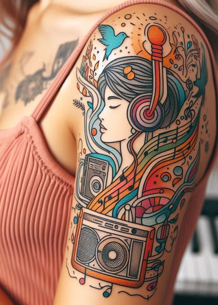 Music Tattoos: 75 Must-See Inspirations | Pocoko Tune into the past with these vintage radio and speaker tattoos. Perfect for music lovers who adore retro vibes!