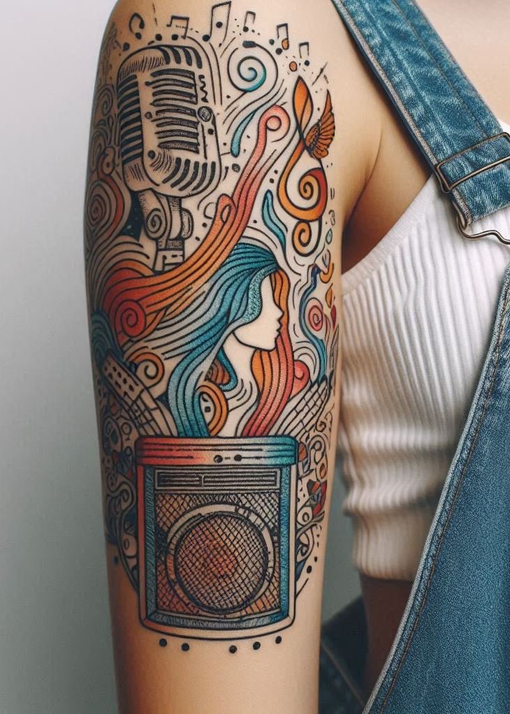 Music Tattoos: 75 Must-See Inspirations | Pocoko Amp up your ink with these vintage radio and speaker tattoos. Ideal for anyone who appreciates the golden era of music!