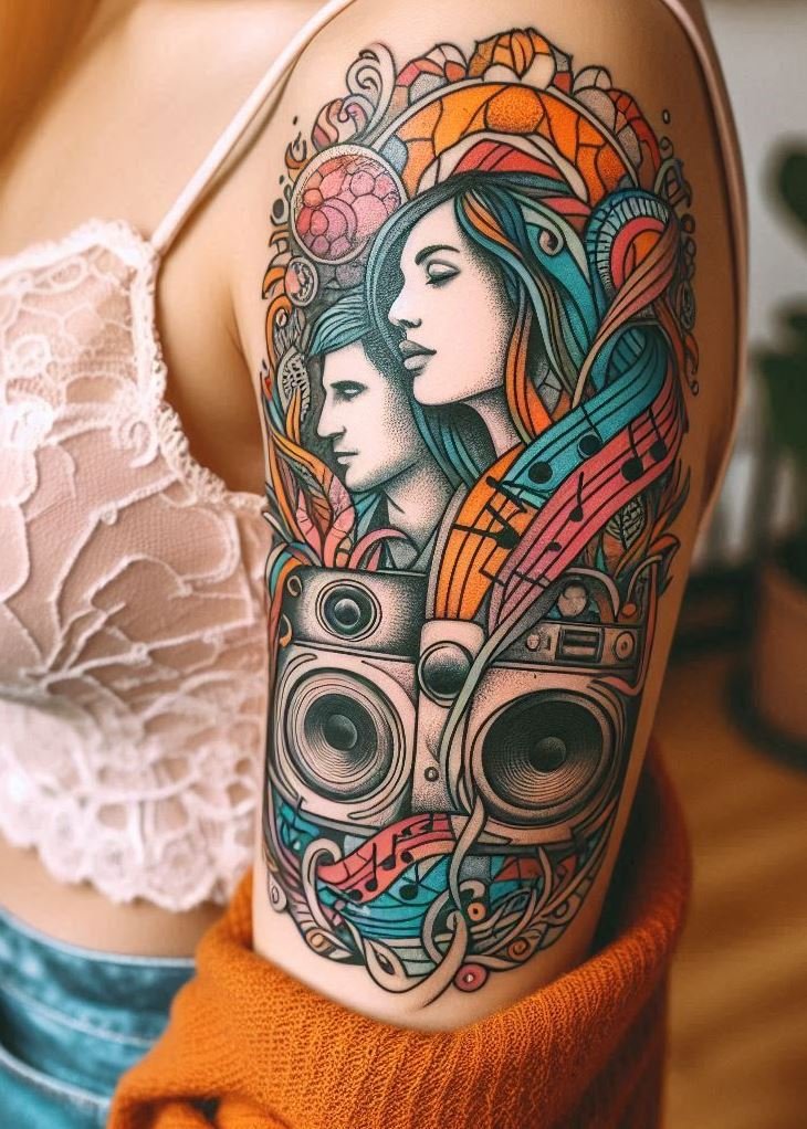 Music Tattoos: 75 Must-See Inspirations | Pocoko Turn back the clock with these stunning vintage radio and speaker tattoos. Perfect for those who cherish classic music gear!