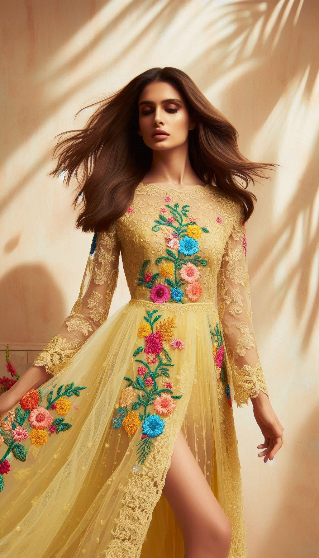 Step into the spotlight with this vibrant bright yellow floral lace embroidered dress. Perfect for sunny days and making a bold statement!