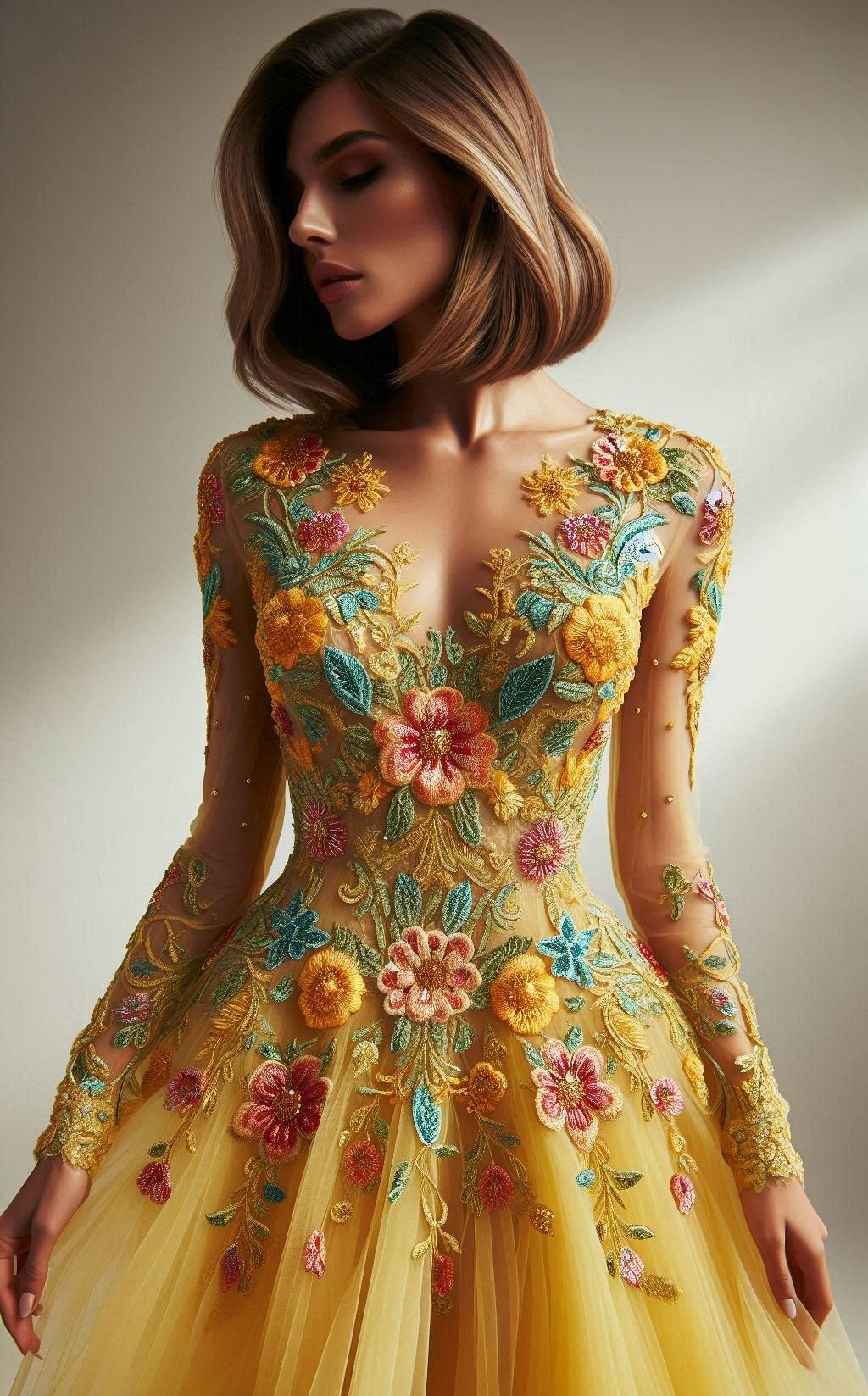 Brighten up any event with this stunning yellow floral lace embroidered dress. Perfect for adding a touch of cheer and elegance!