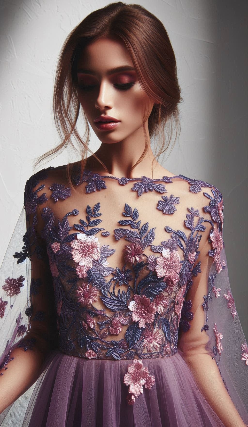 Embrace the elegance of this floral lace dress. Shades of purple and lavender create a captivating look!