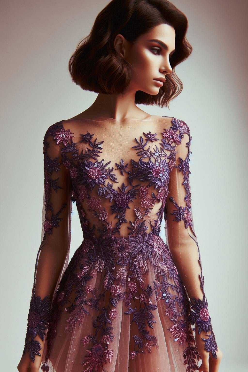 Feel like a goddess in this floral lace dress. The purple and lavender tones add a touch of divine elegance!