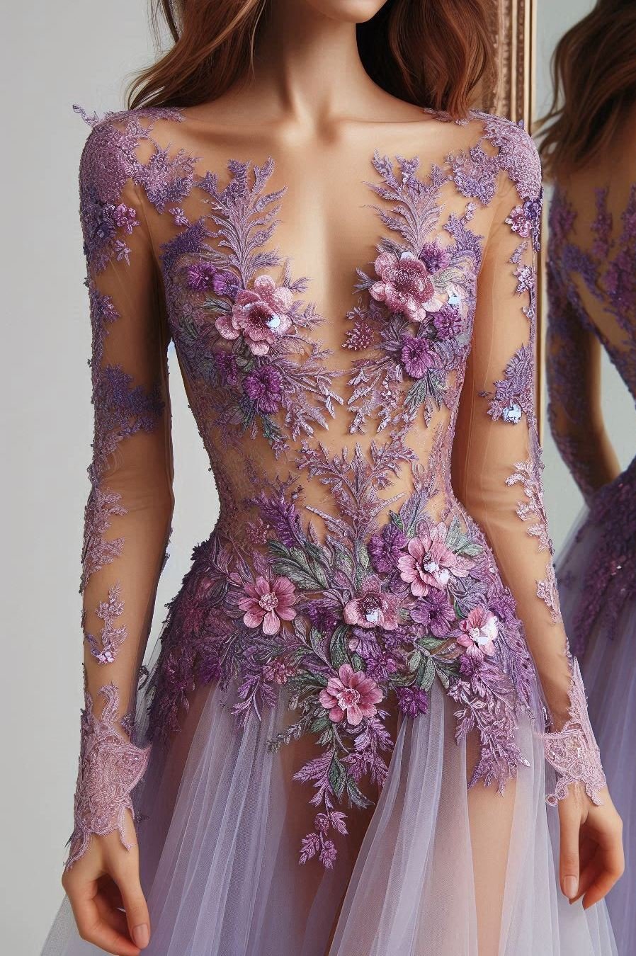 Make a lasting impression with this floral lace dress. The shades of purple and lavender are perfect for any special occasion!