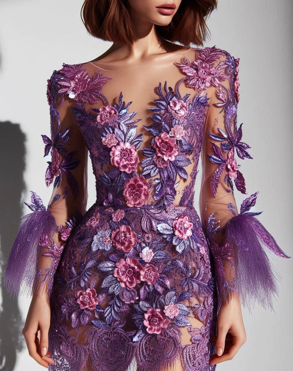 Make a statement with this beautiful floral lace dress in purple and lavender. It's the perfect mix of grace and style!
