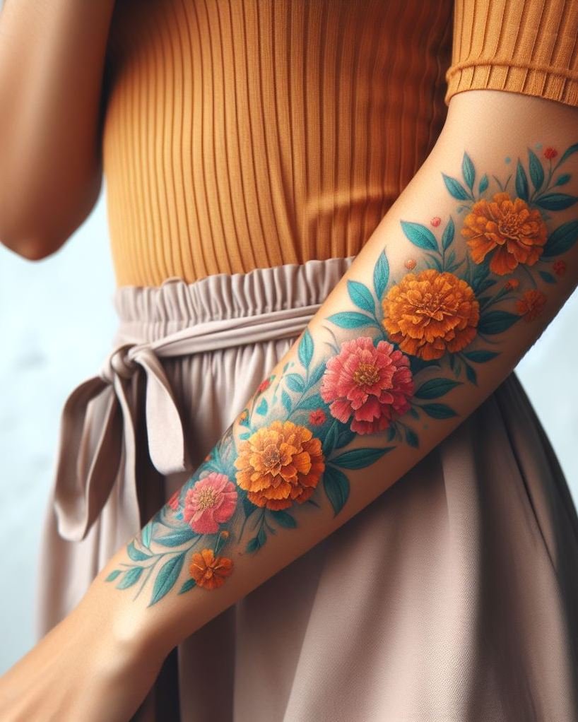 Celebrate October with a vibrant Marigold garland tattoo. These fiery blooms embody warmth and passion, making them perfect for autumn's festive spirit.