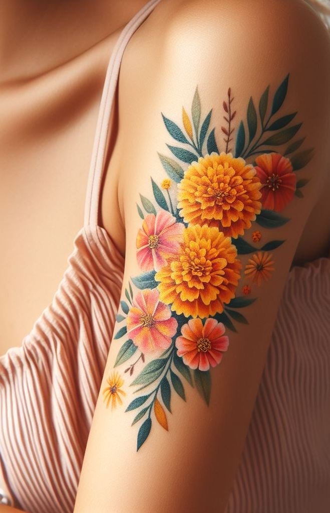 Show off your October pride with a Marigold garland tattoo. These bright blooms capture the essence of fall, symbolizing warmth and positivity.