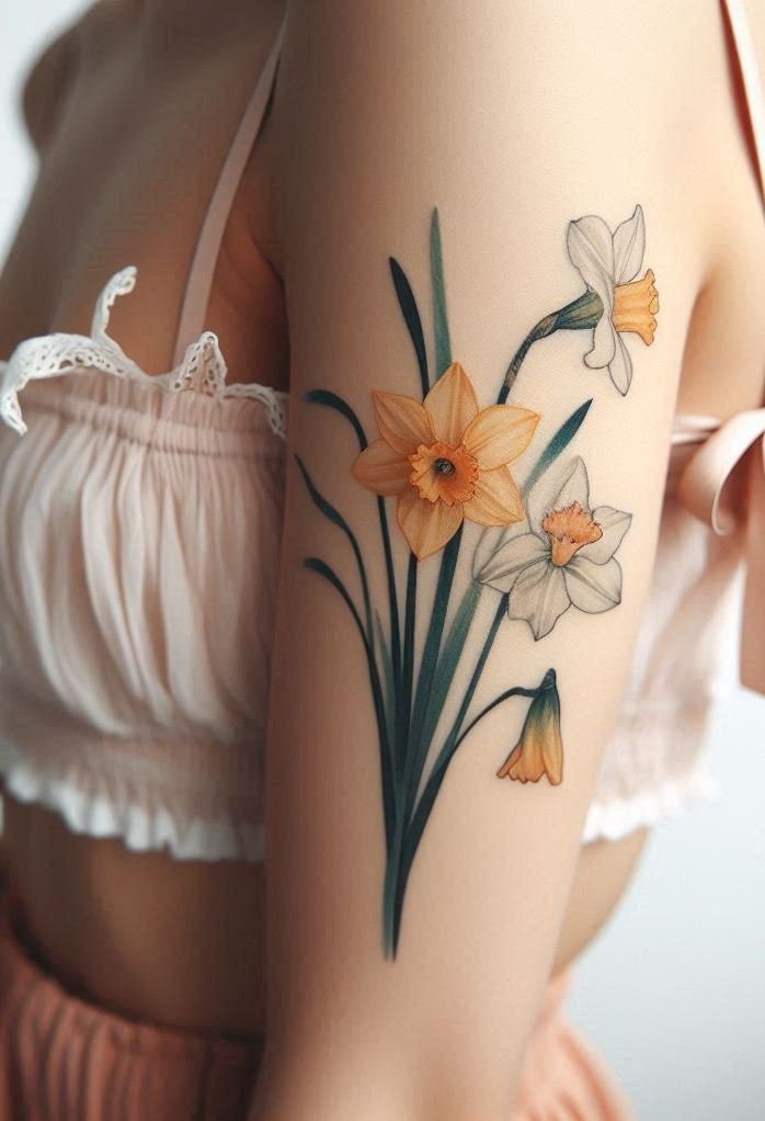 Embrace the beauty of October with a stunning Daffodil tattoo. These vibrant flowers represent hope and renewal, adding a touch of brightness to your ink!