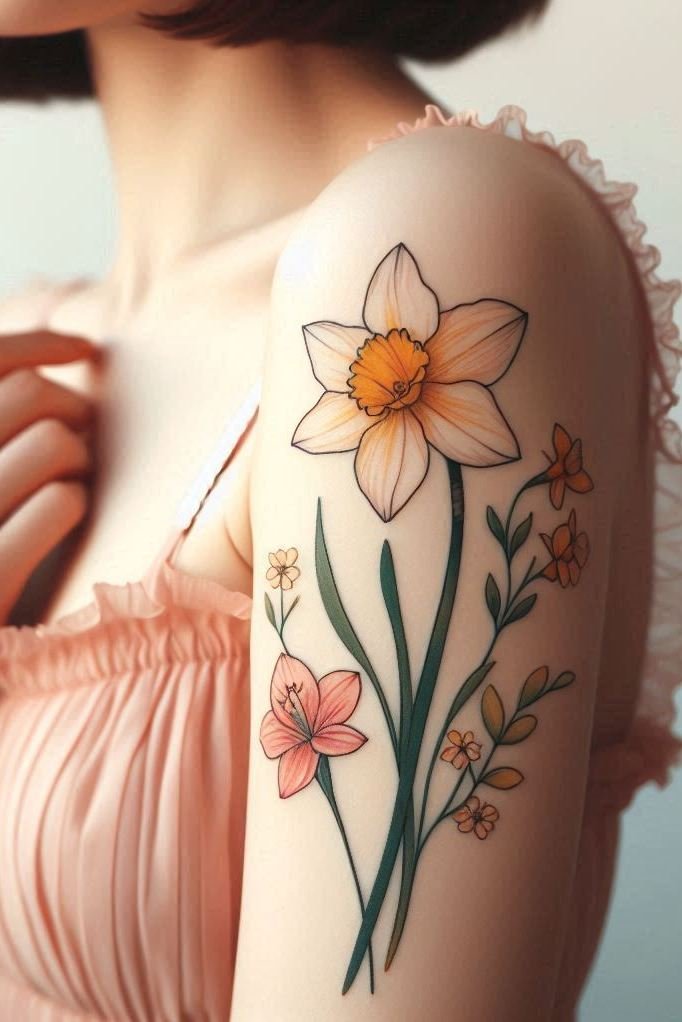 Show off your October pride with a Daffodil tattoo. These lovely blooms capture the essence of spring and bring a sense of joy and positivity to your body art!