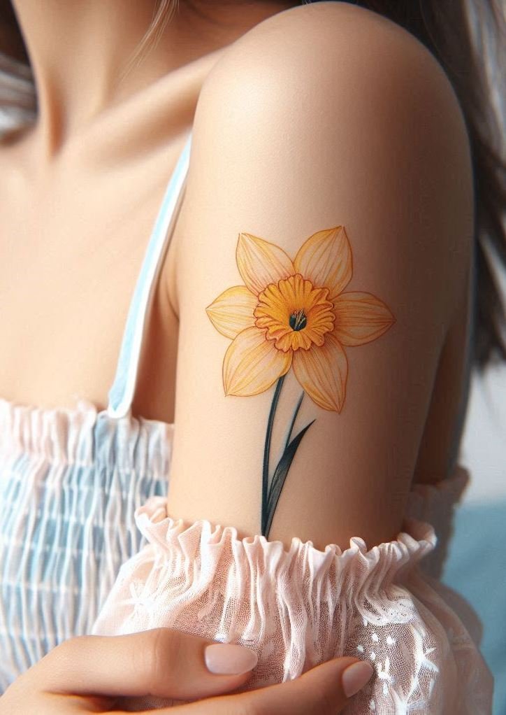 Adorn yourself with the elegance of an October Daffodil tattoo. These charming flowers symbolize fresh starts and happiness, making for a beautiful and uplifting design!
