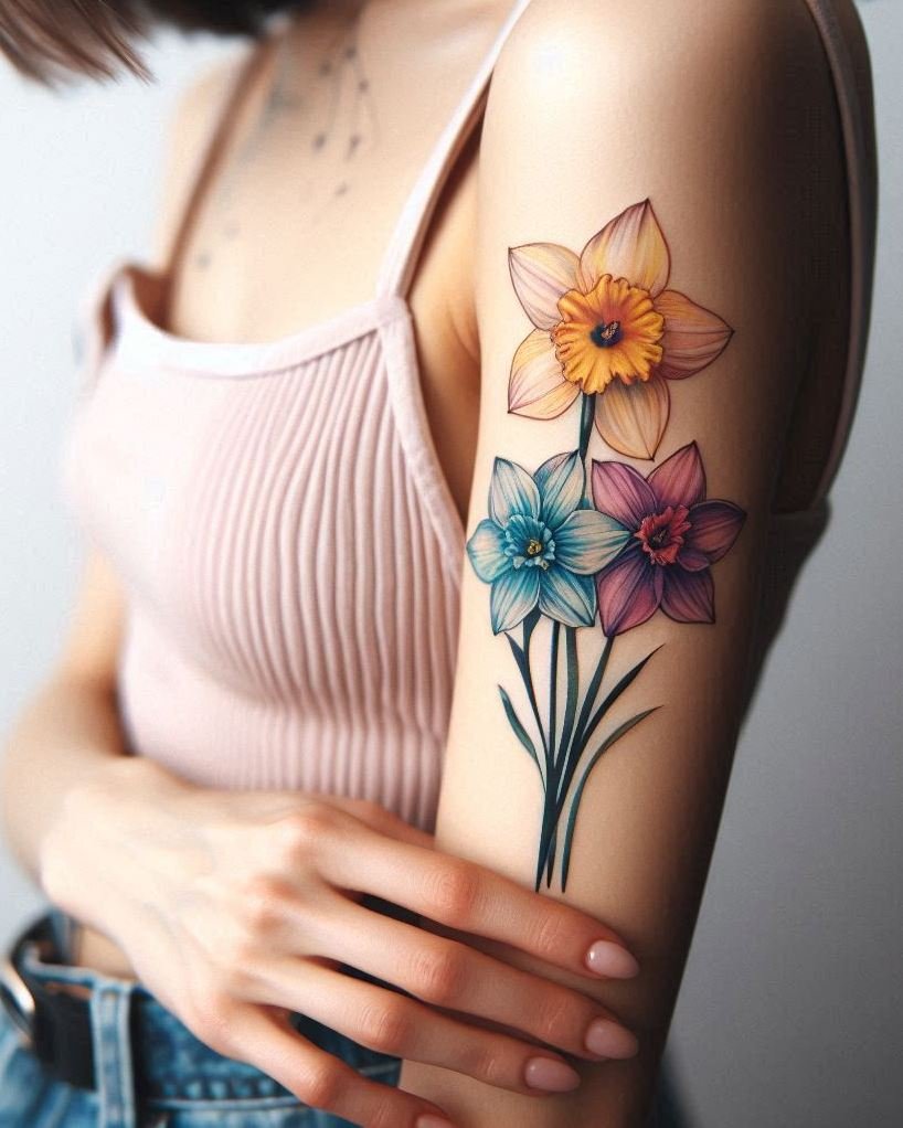 Embrace October's charm with a stunning Daffodil tattoo. These bright blooms represent renewal and positivity, adding a touch of elegance and joy to your ink!