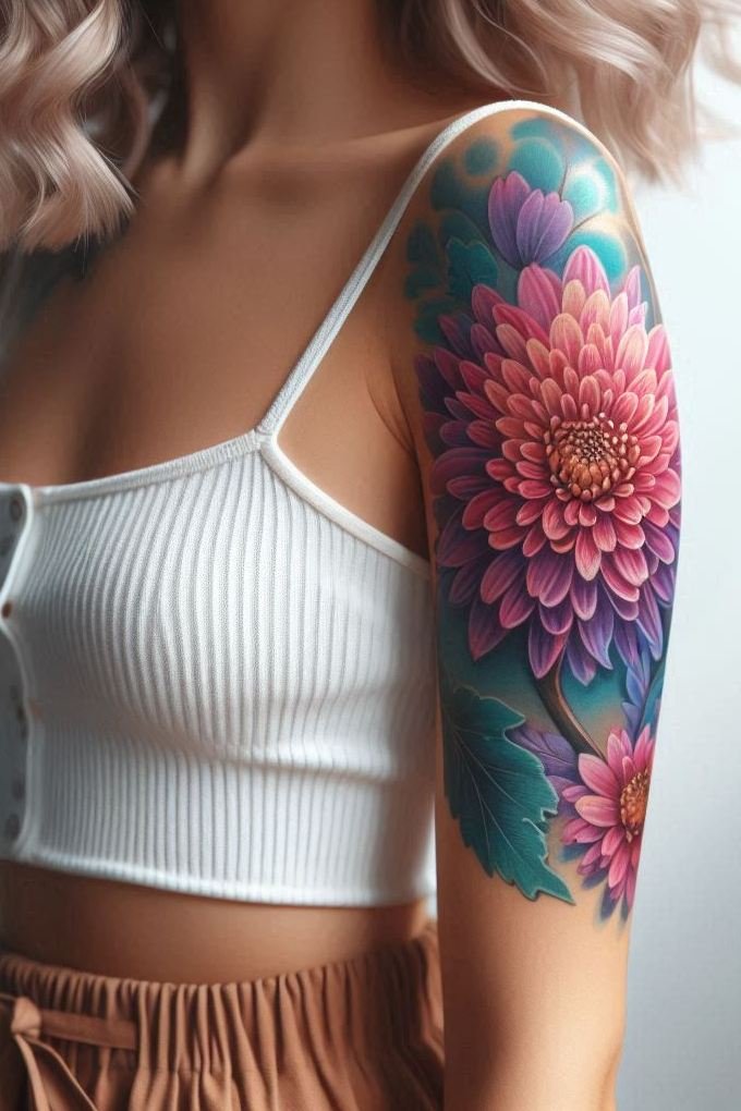 Adorn yourself with the charm of November's Chrysanthemum tattoo. These gorgeous blooms embody positivity and grace, creating a timeless piece of body art!