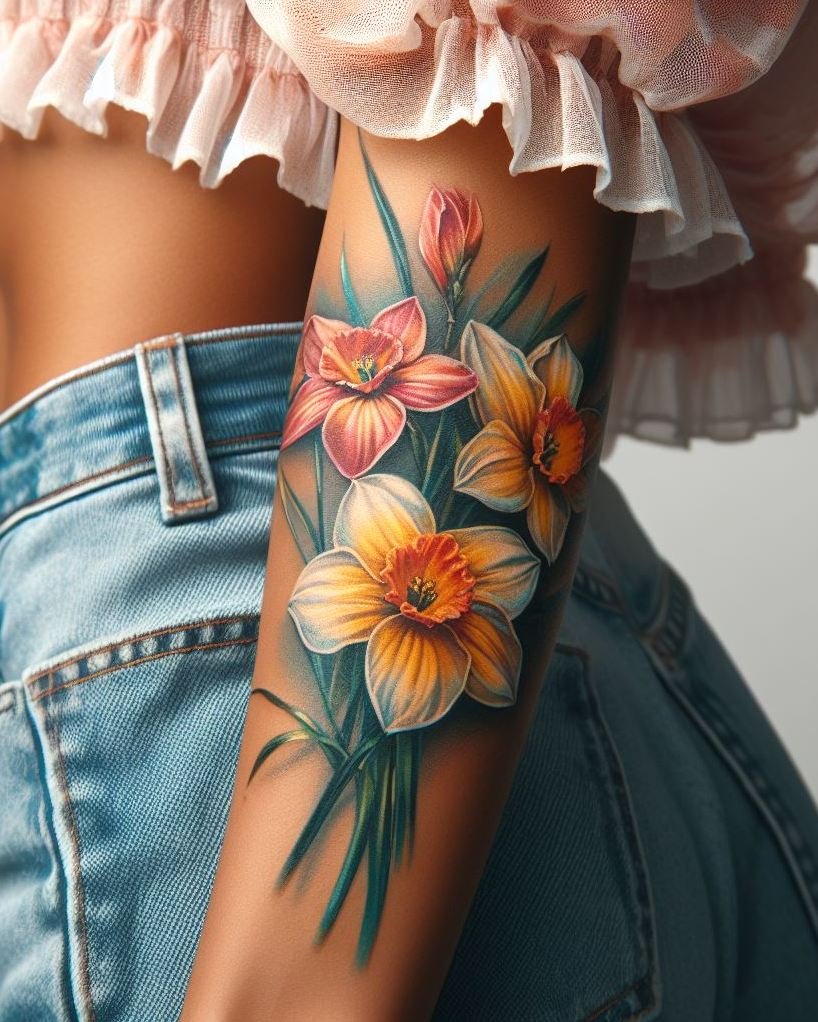 Embrace the spirit of December with a stunning Narcissus bouquet tattoo. These lovely flowers represent renewal and good fortune, making them an enchanting choice for your body art.