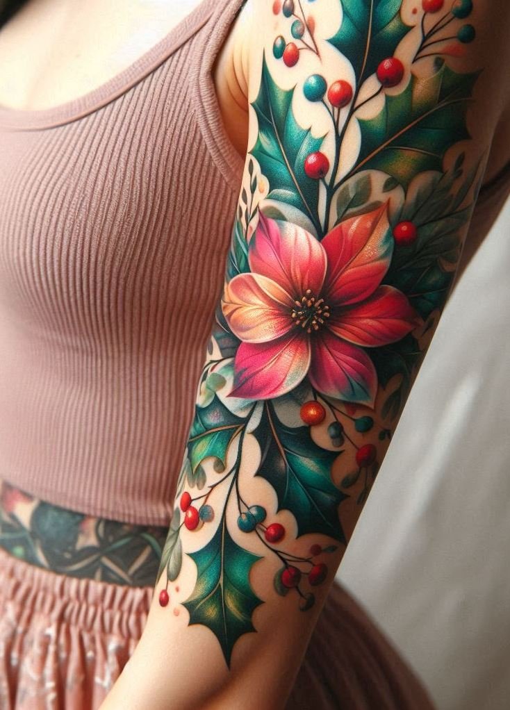 Embrace the spirit of December with a Holly wreath tattoo. Perfect for those who love the festive season, this design brings warmth and tradition to your body art.