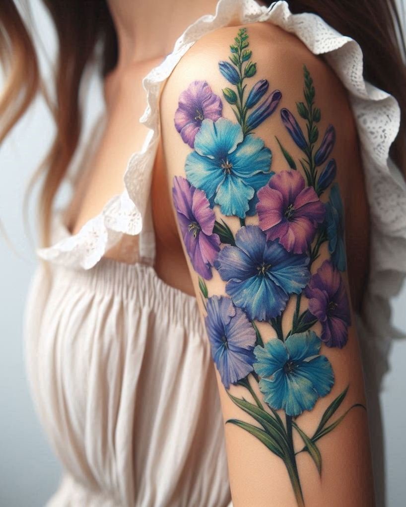 Celebrate July in style with a stunning Larkspur cluster tattoo. Perfectly delicate and bursting with symbolism, these flowers are the ultimate ink for summer babies!