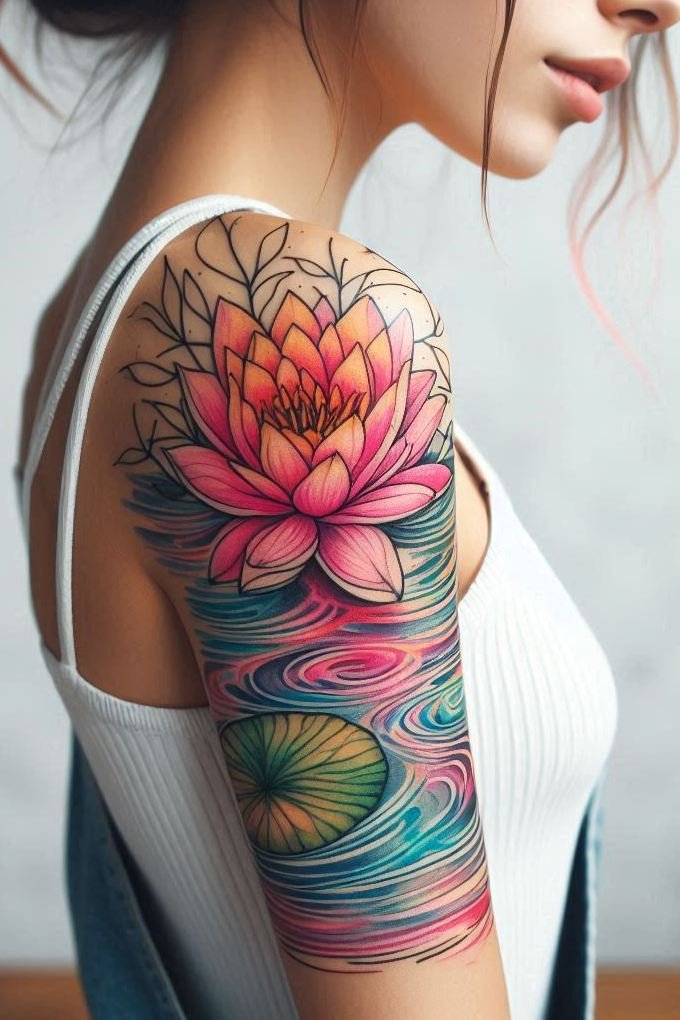 Embrace the elegance of July with a Water Lily and ripples tattoo. This design symbolizes peace and the gentle flow of life.