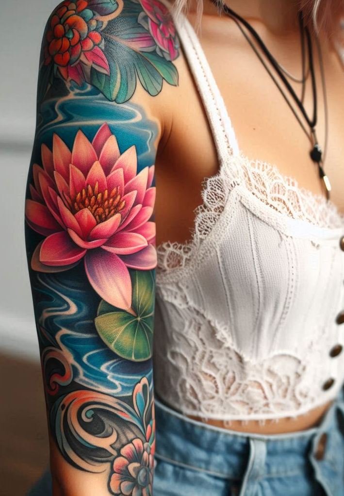 Dive into the calm with a Water Lily and ripples tattoo for July. Perfect for those who love a touch of nature's serenity on their skin.