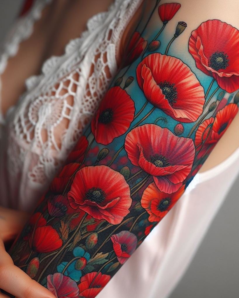 Celebrate August with a vibrant poppy field tattoo. These bold blooms symbolize beauty and resilience, making them a perfect choice for a striking and meaningful design!