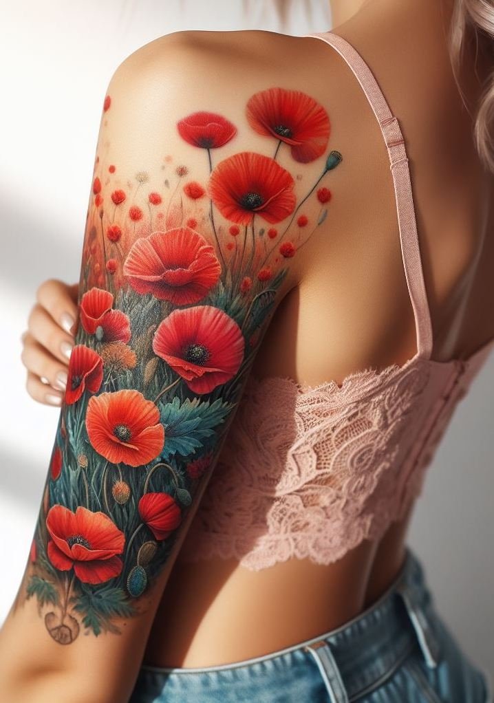 Embrace the spirit of August with a poppy field tattoo. These stunning flowers bring a splash of color and a touch of whimsy to your ink!