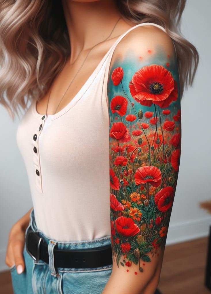 Add a touch of summer to your skin with a poppy field tattoo for August. These beautiful blossoms are a symbol of remembrance and joy!