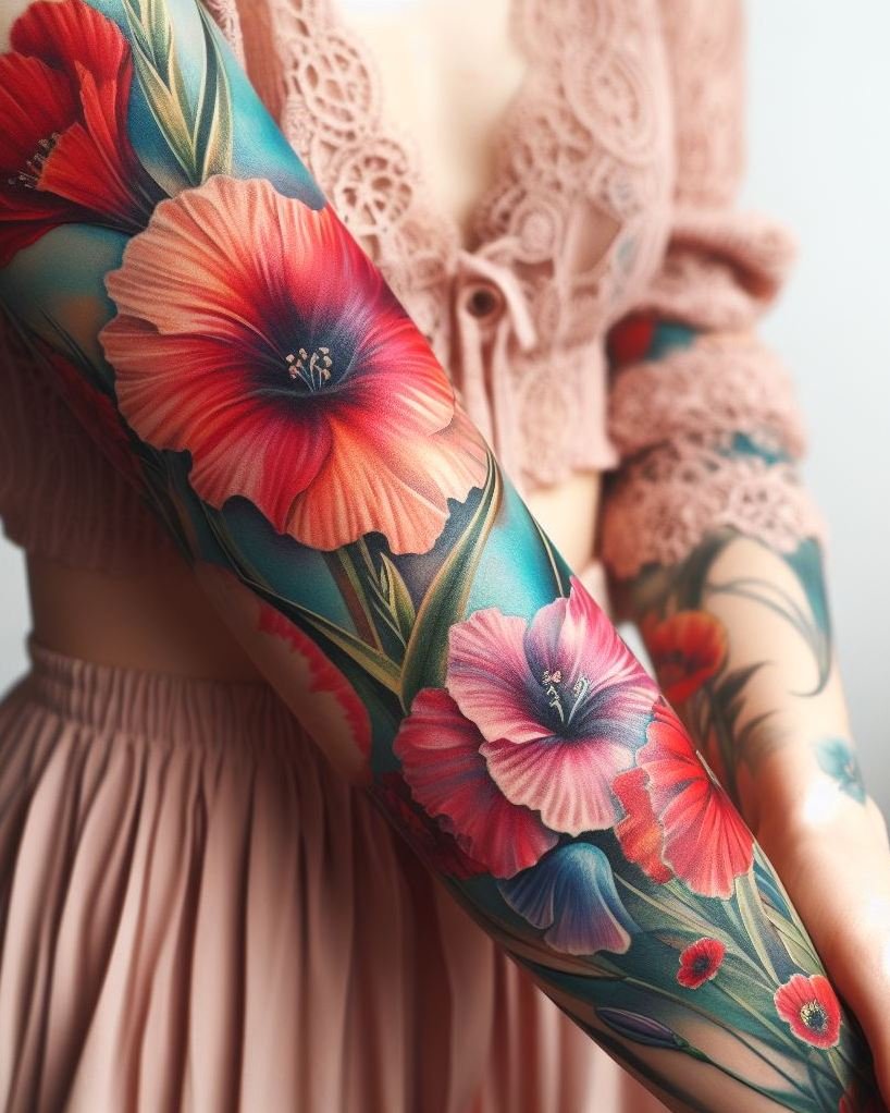 Show off your August pride with a unique Gladiolus and Poppy mix tattoo. This enchanting floral blend is perfect for those who love a touch of both strength and beauty in their ink!