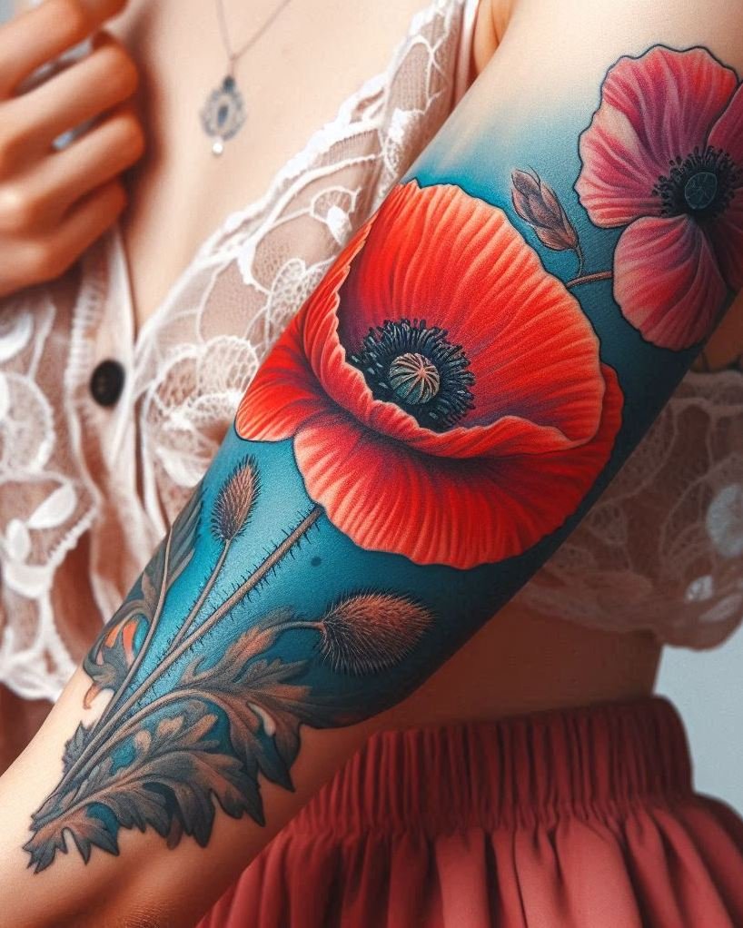 Embrace the spirit of August with a single poppy flower tattoo. This bold and vibrant bloom symbolizes remembrance and joy, making it a striking and meaningful choice!