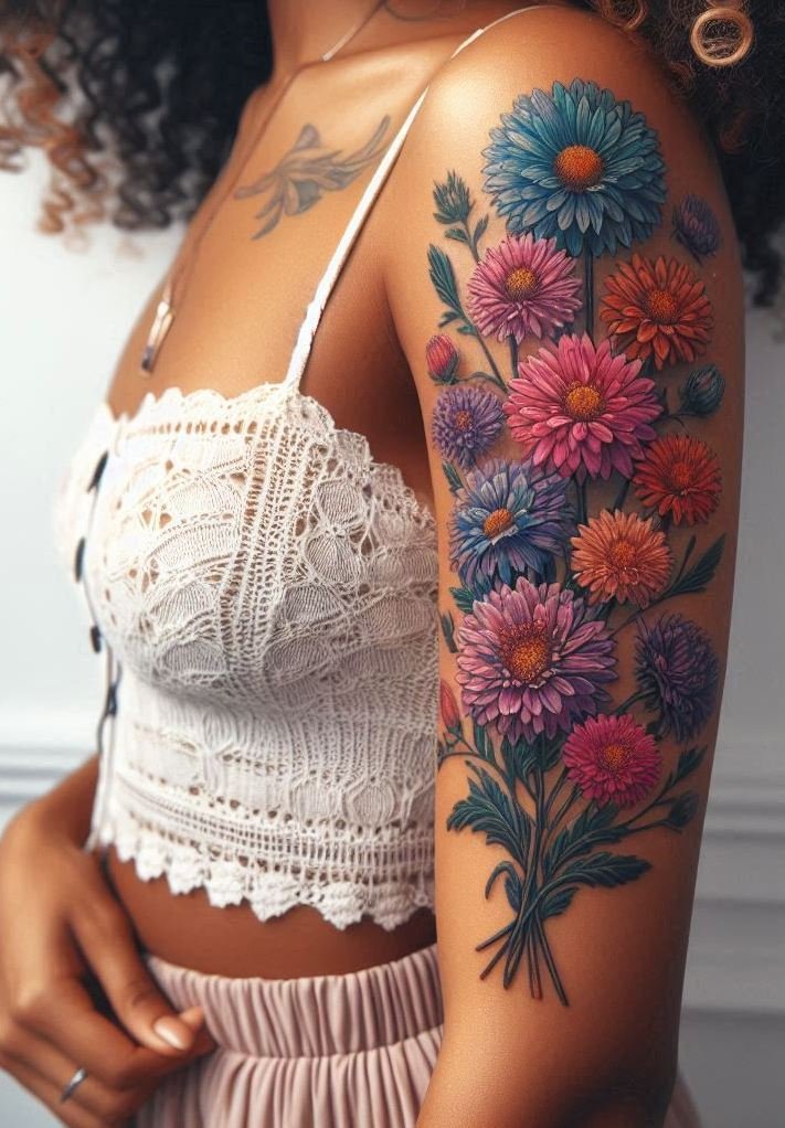 Embrace the elegance of September with an Aster bouquet tattoo. Perfect for adding a touch of grace and beauty to your ink collection!