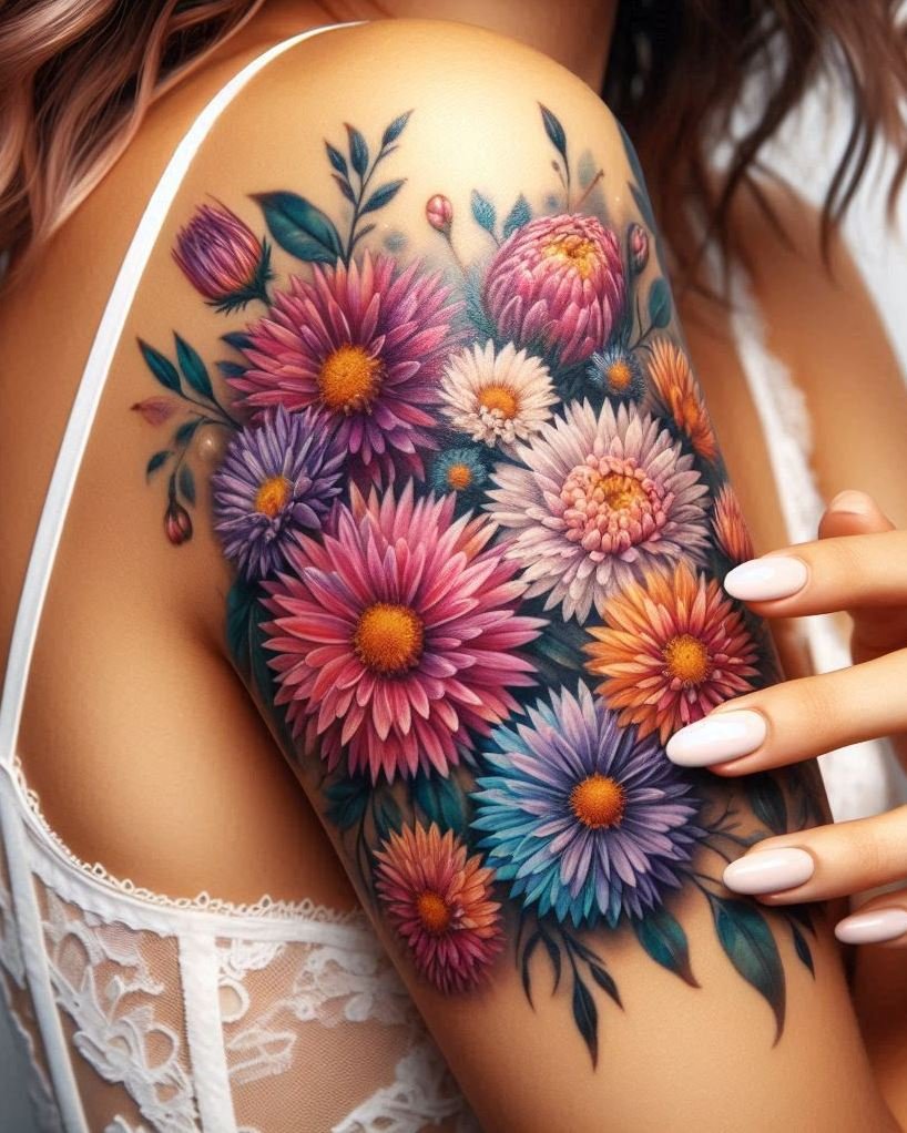 Show off your September pride with a delicate Aster bouquet tattoo. These charming flowers capture the essence of late summer perfectly!