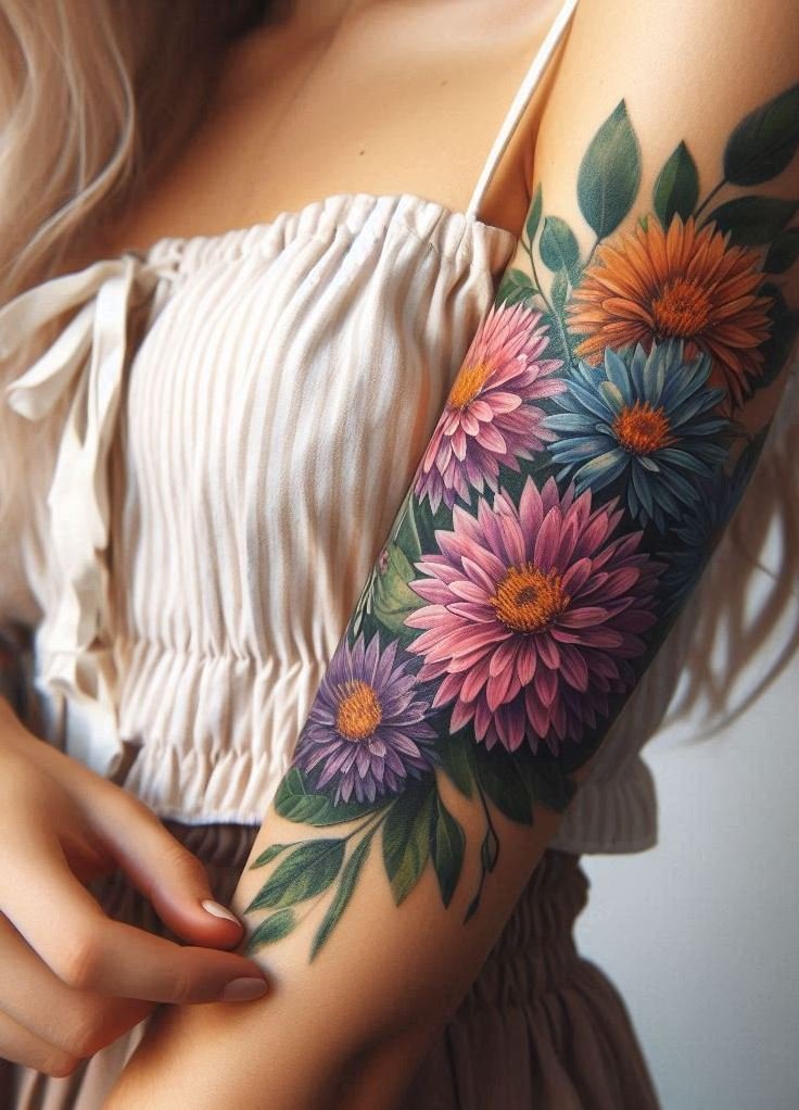 Adorn yourself with the timeless beauty of September's Aster bouquet tattoo. It's a lovely way to celebrate your birth month and its rich symbolism!