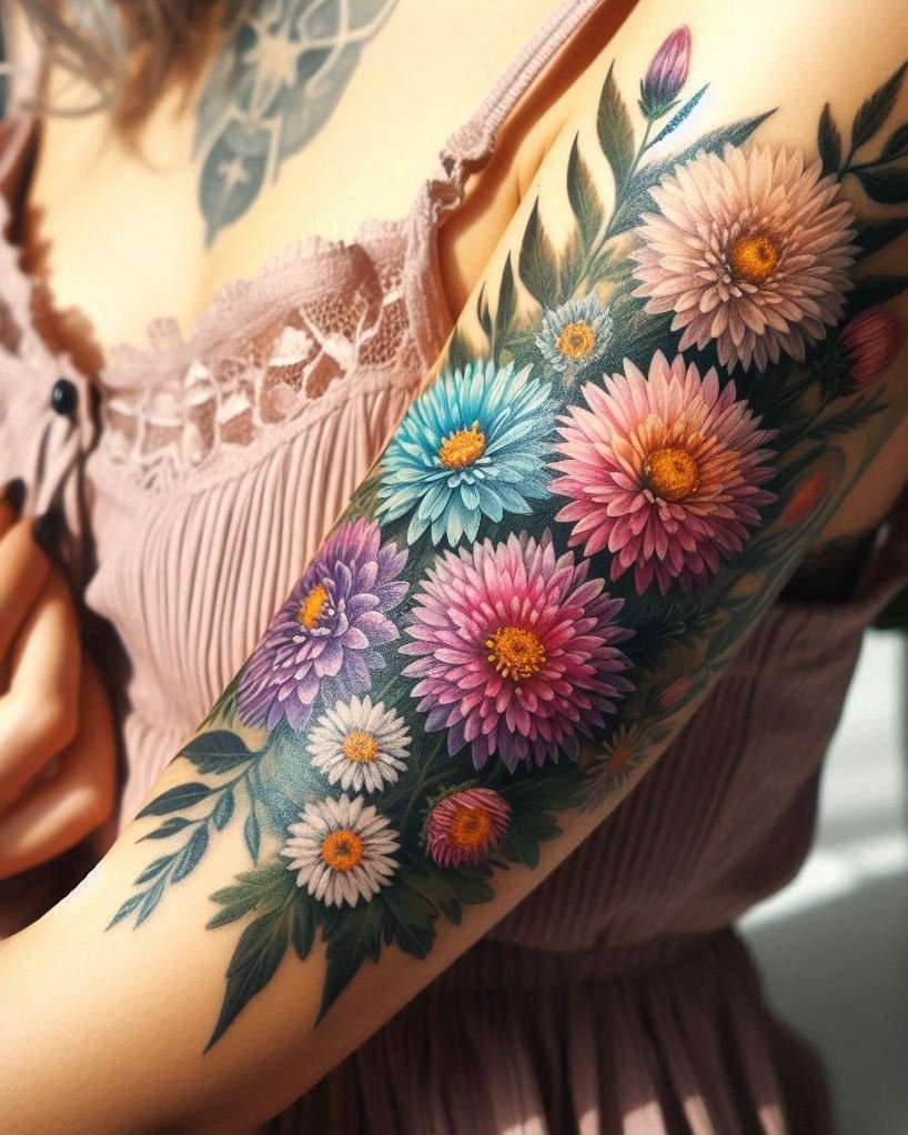 Let your ink bloom with a beautiful Aster bouquet tattoo this September. These flowers symbolize love and wisdom, making them a perfect choice for your next tattoo!