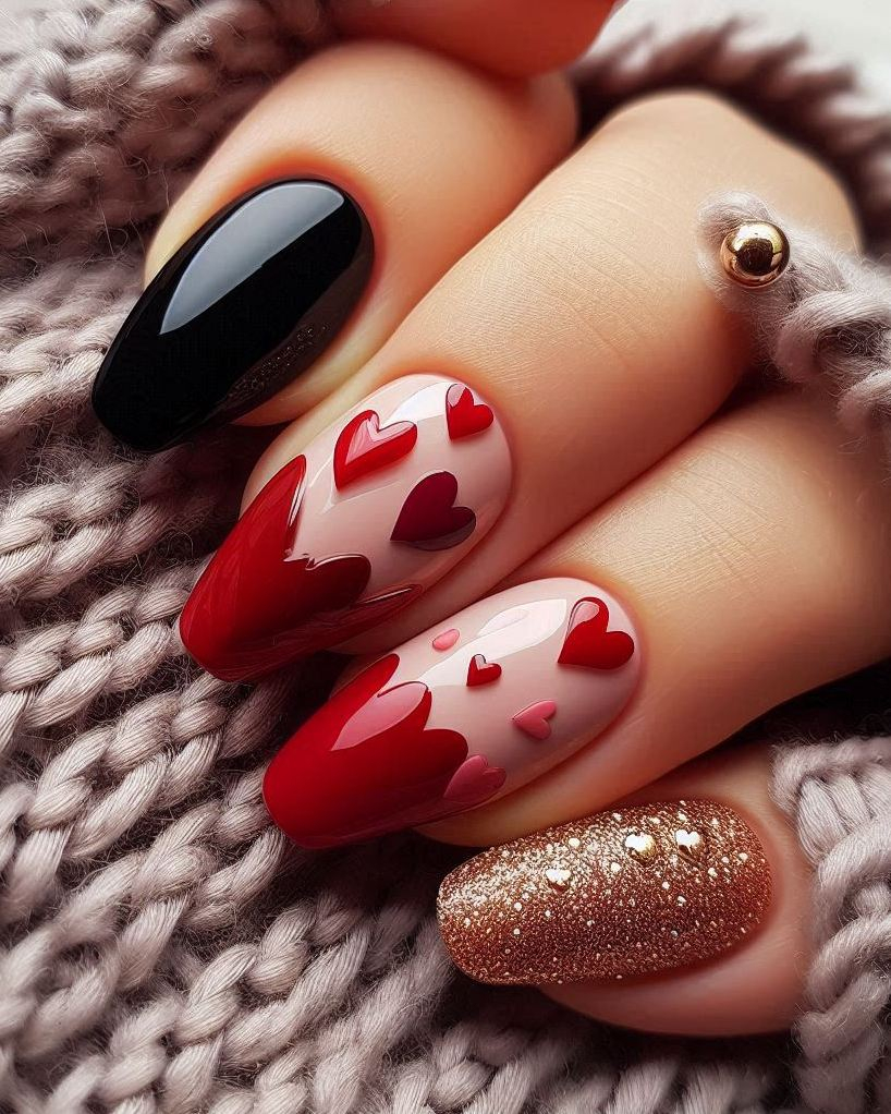 Elevate your manicure game with this chic Black, Red, and Gold heart nail art. The bold colors and elegant design make it perfect for any occasion!