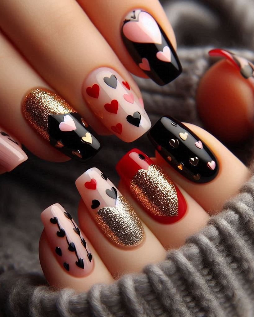 Fall in love with your nails every day with this Black, Red, and Gold heart nail art. A perfect blend of sophistication and romance!