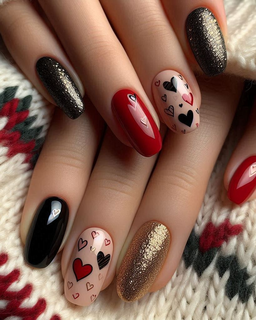 Make a statement with this beautiful Black, Red, and Gold heart nail art. The intricate design and vibrant colors are sure to impress!