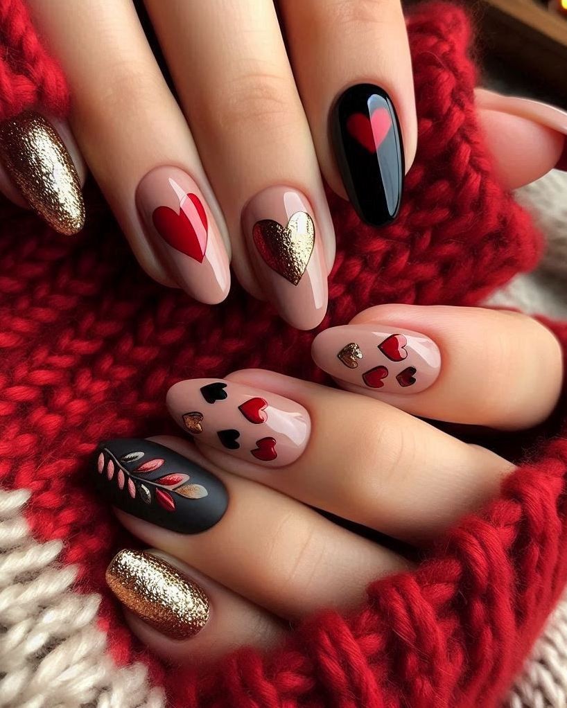 Add a touch of elegance to your nails with this Black, Red, and Gold heart nail art. The perfect way to show off your unique style!