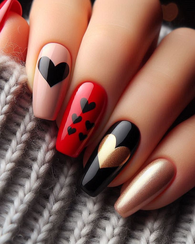 Get ready to dazzle with this stunning Black, Red, and Gold heart nail art. Perfect for adding a bit of sparkle and flair to your look!