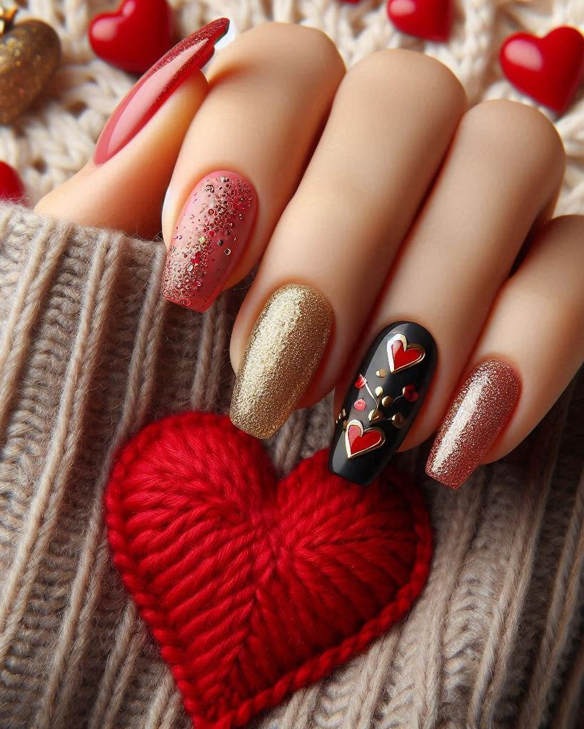 Let your nails do the talking with this gorgeous Black, Red, and Gold heart nail art. The combination of colors and design is simply captivating!