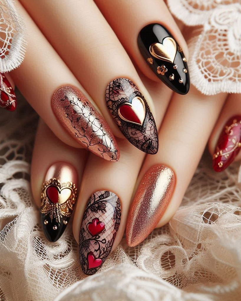 Show off your bold and romantic side with this Black, Red, and Gold heart nail art. A perfect way to add some glamour to your day!