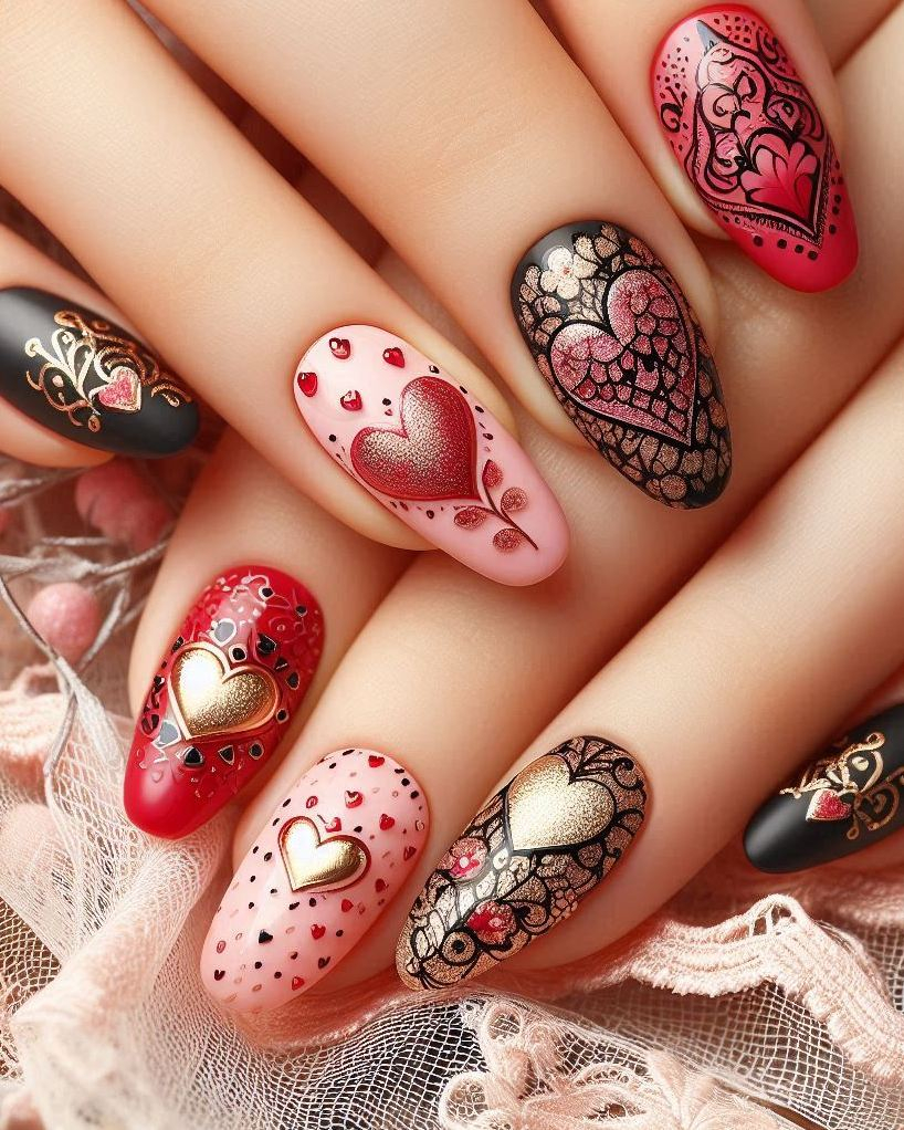 Heart Nail Art Ideas: Transform your nails into a work of art with this Black, Red, and Gold heart nail design. The perfect blend of elegance and creativity!