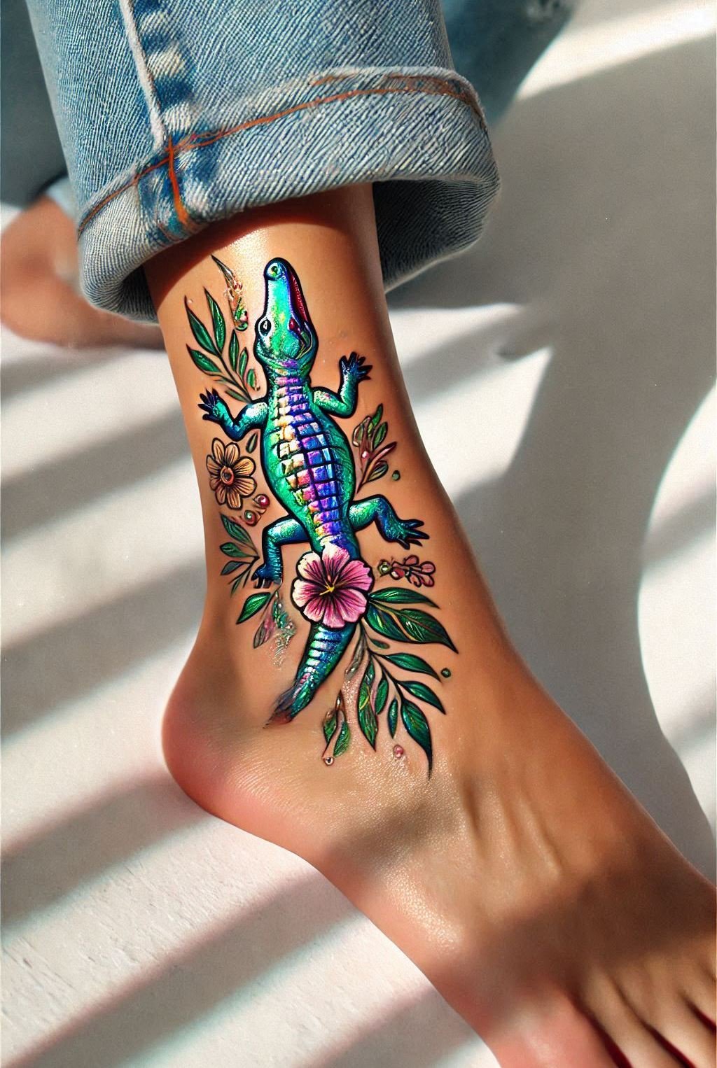 Unleash your wild side with this fierce Crocodile reptile tattoo. Perfect for those who embrace their inner strength and primal instincts!