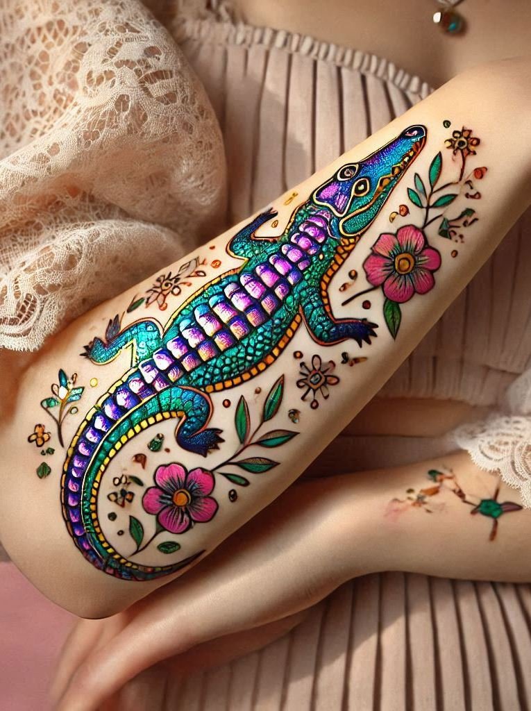 Sink your teeth into this amazing Crocodile reptile tattoo. Perfect for showcasing your fierce and fearless nature!