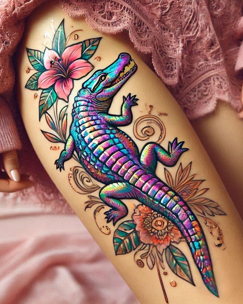 Get a taste of the wild with this stunning Crocodile reptile tattoo. Perfect for those who love unique and powerful ink!
