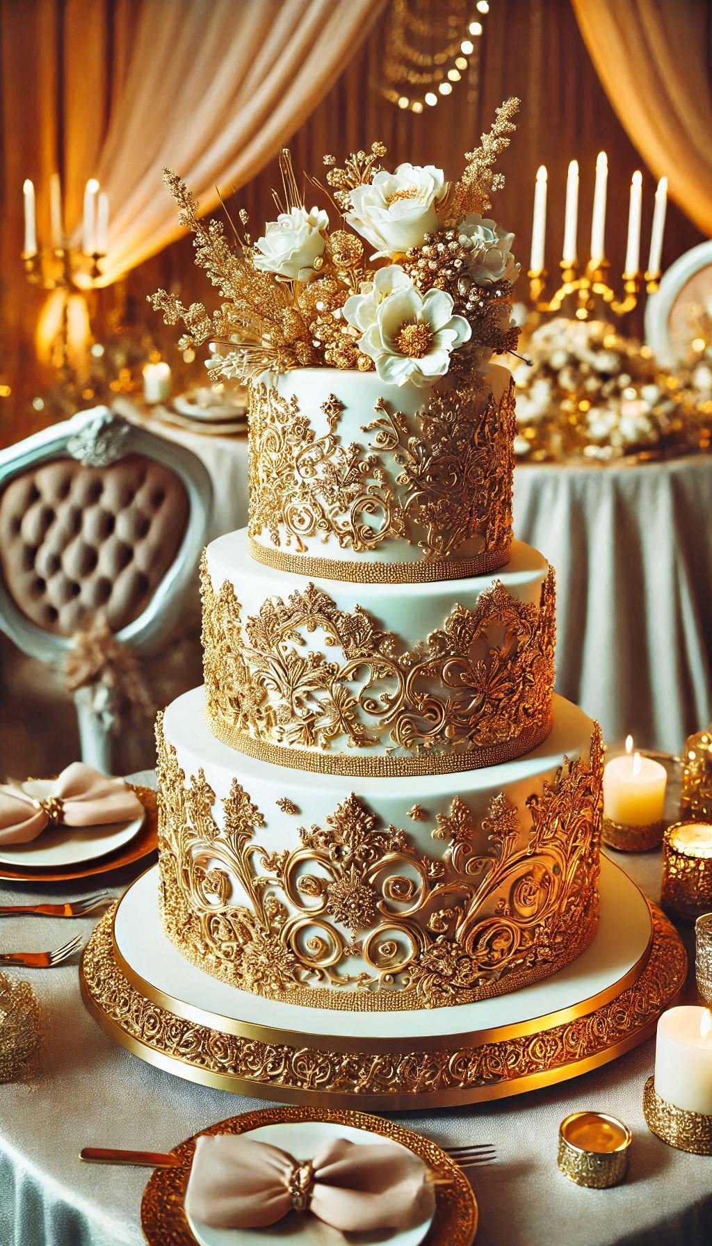 Elevate your celebration with this gold-accented cake, dazzling with edible metallic details. A true masterpiece that tastes as good as it looks!