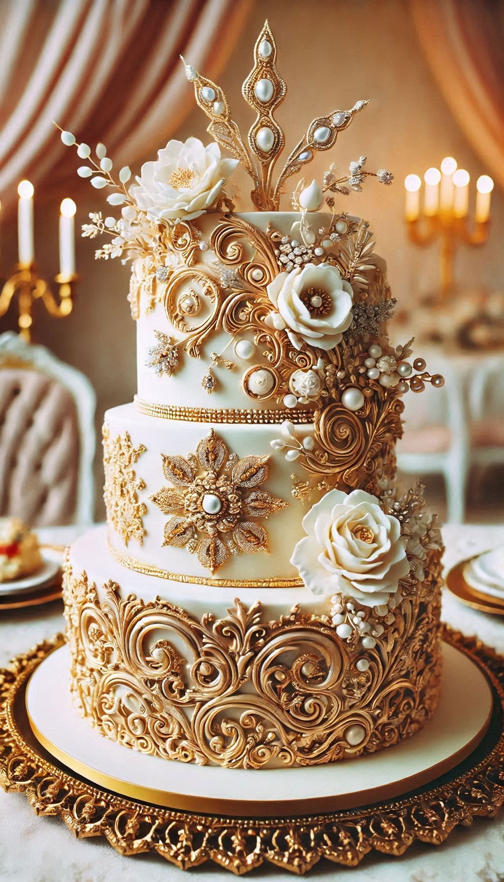 Bring a sparkle to your big day with this gold-accented wedding cake. Edible metallic details make it a sweet and stunning masterpiece.