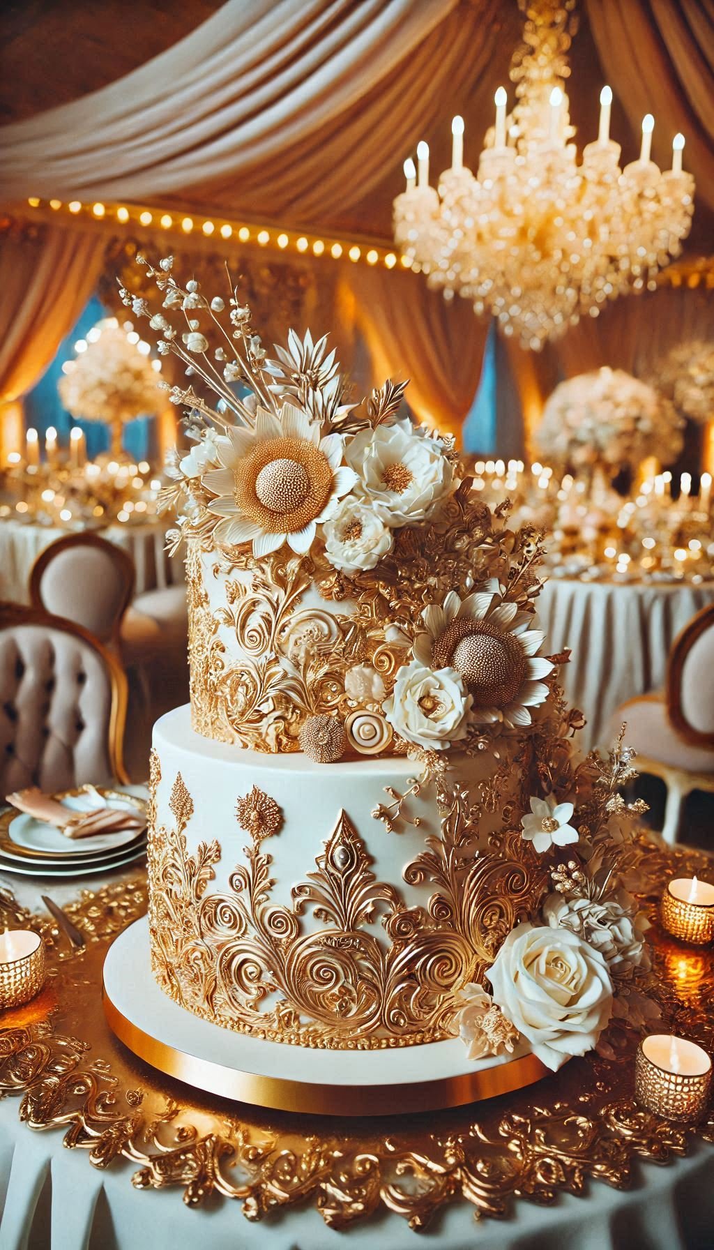 This gold-accented cake, with its edible metallic details, is the epitome of wedding elegance. A taste of luxury that’s simply irresistible.