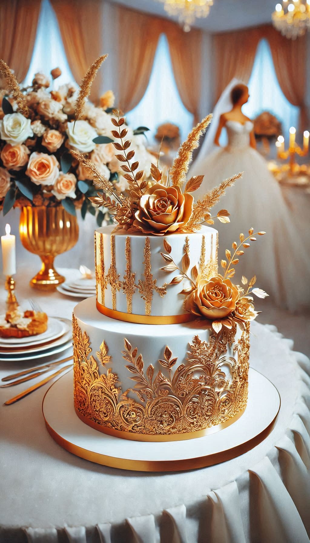Make your wedding unforgettable with this stunning gold-accented cake. Edible metallic details add a touch of luxury to your special day.