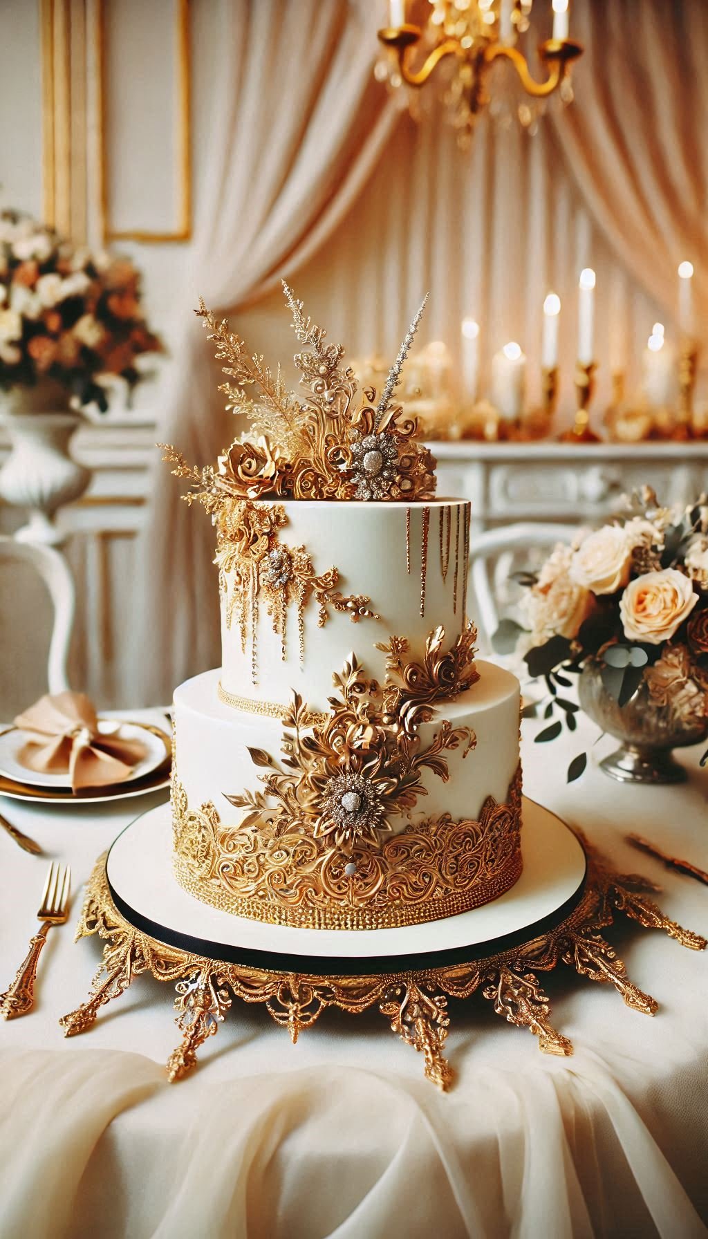Turn heads with this gold-accented wedding cake. Edible metallic details make it almost too gorgeous to eat—but you’ll definitely want to!