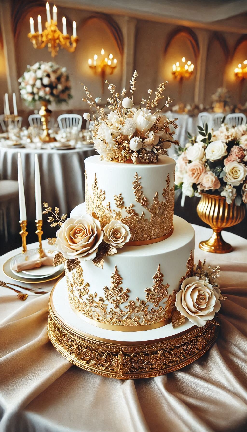A wedding cake that screams elegance and opulence. Gold accents and edible metallic details make this cake a true work of art.