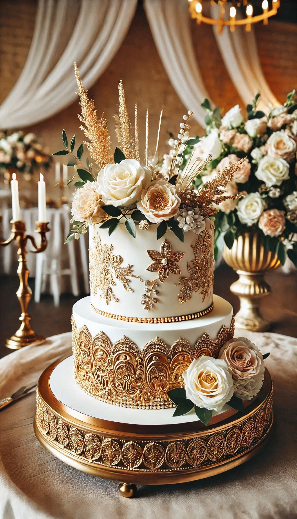 Dazzle your guests with a gold-accented wedding cake. Edible metallic details add a luxe touch to your sweetest celebration.
