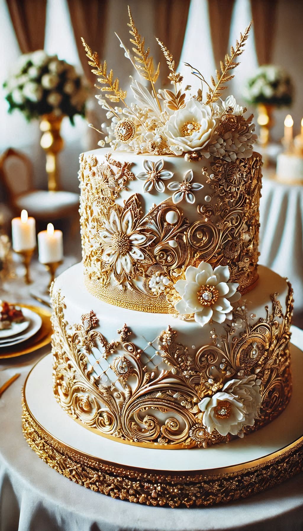 This gold-accented cake, adorned with edible metallic details, is a feast for both the eyes and the taste buds. Pure wedding perfection!